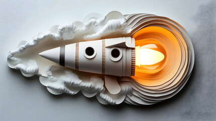 Poster - A creative paper rocket emitting light, surrounded by cloud-like forms.