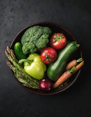 Wall Mural -  vegetables in a bowl on a black background, top view, copy space 