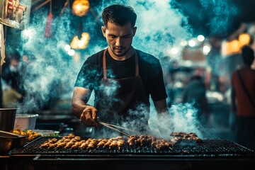 A street food vendor expertly cooks delicious snacks over a hot grill, surrounded by a bustling night market filled with smoke and eager customers