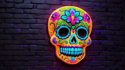 A bright neon skull illuminates a dark brick wall, symbolizing the Mexican tradition of Day of the Dead