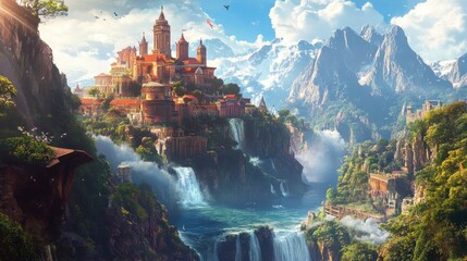 Poster - Majestic City Perched Atop Cliffside Waterfalls in a Mountainous Landscape