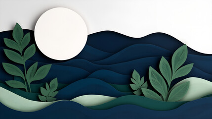 Wall Mural - Elegant Paper Cut Design with  White Circle and Green Leaves for Your Creative Projects