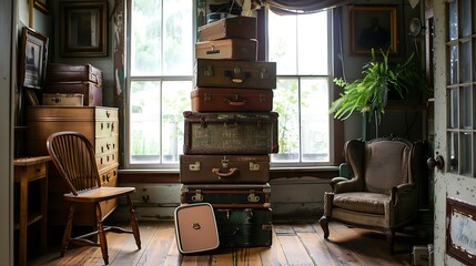 An inviting room with vintage stacked suitcases