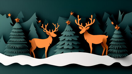 Wall Mural - Festive Papercut Deer in Winter Forest - Perfect for Holiday Greetings