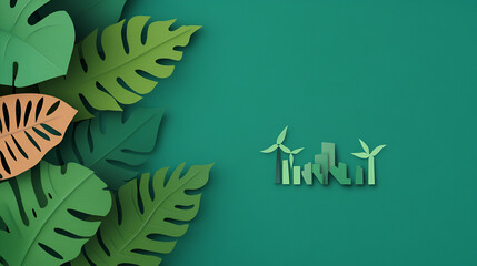 Wall Mural - Green City with Wind Turbines and Tropical Leaves: Perfect for Eco-Friendly Designs