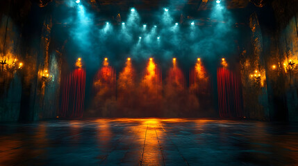 Wall Mural - A dramatic stage with colorful lighting and smoke effects.