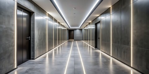 Sleek gray modern corridor illuminated by futuristic LED strips, accentuating the minimalist architecture and creating a sense of sophistication and contemporary style.