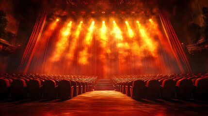 Wall Mural - A dramatic theater stage illuminated by bright orange lights.