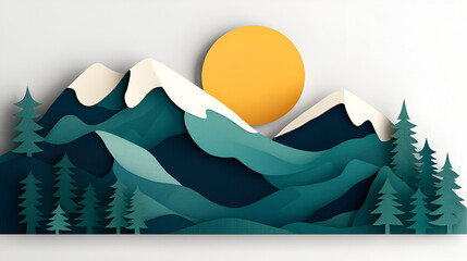 Wall Mural - Paper Cut Mountain Range with Forest and Sun - Perfect for Nature and Outdoor Decor