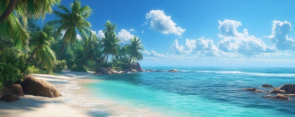 A serene tropical beach scene with palm trees, clear water, and a bright blue sky, perfect for relaxation and escape.