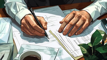 A realistic cartoon showing hands scripting on paper with a coffee cup, organized desk items, and a calm, focused atmosphere, expertly designed by a veteran with over 15 years in the industry