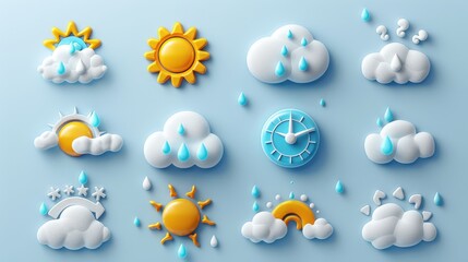 set for weather isolated elements,weather icons of clear sun, cloudy sky, snowfall, windy, thunderst