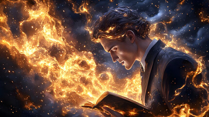 Wall Mural - A figure reading a glowing book amidst fiery, cosmic elements.