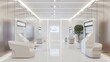 © เลิศลักษณ์ ทิพชัย - A futuristic hospital reception area with digital check-in kiosks, modern seating, and a white background, representing cutting-edge healthcare facilities.