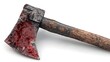 © Paul - A rusty axe with blood stains, horror-themed Halloween party mask, 3D rendering, hyper-realistic details, isolated on white background