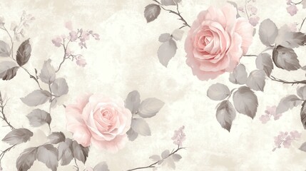  A delicate floral design featuring soft pink roses and leaves on a light background.