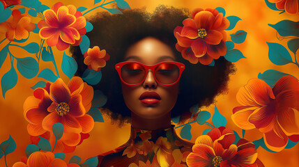 Wall Mural - modern pop art portrait of beautiful woman in red sunglasses on bright orange floral background. con