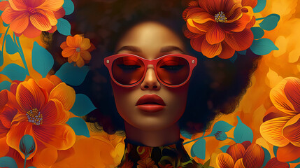 Wall Mural - modern pop art portrait of beautiful woman in red sunglasses on bright orange floral background. con