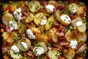 A mouth-watering, close-up image of sliced potatoes and bacon, baked to perfection in an oven