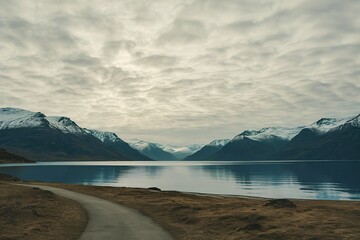 A serene, high-resolution photograph of a tranquil blue lake