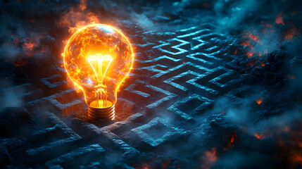 Wall Mural - A glowing light bulb in a maze-like environment, symbolizing ideas.