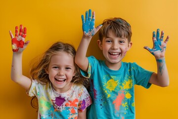 Portrait of happy kids with finger colours and painted t-shirts