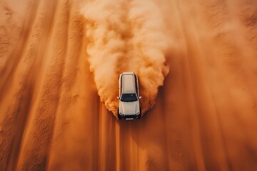 Aeriel view of 4-wheel drive car driving in the beautiful vest desert leaving behind dust and sand