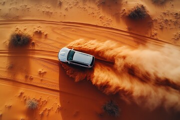 Aeriel view of 4-wheel drive car driving in the beautiful vest desert leaving behind dust and sand