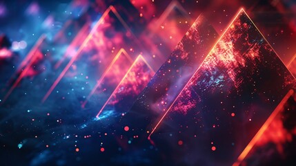 Wall Mural - Neon red and blue geometric patterns illuminated on a black background, enhanced with glowing particles and light effects.