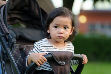 Wall Mural - toddler baby sitting in stroller in park