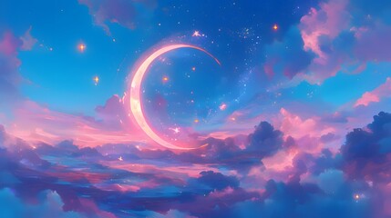 Dreamy Crescent Moon Sky. Vibrant sunset with crescent moon and colorful clouds in a starry sky. Enchanting and peaceful evening scene