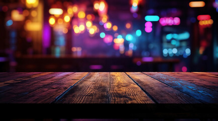 Poster - Empty wooden table top with blurred restaurant or nightclub background for product display