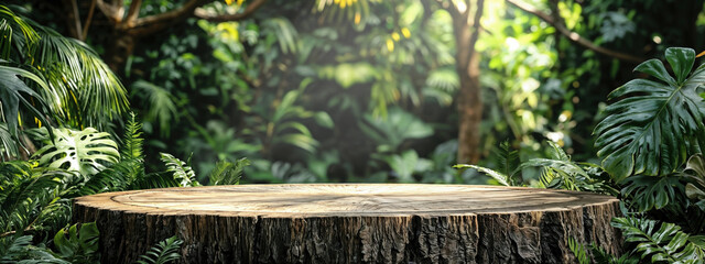 Poster - Empty round wooden platform podium on a blurred green tropical forest background with sunbeams
