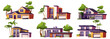 © klyaksun - Modern luxury suburban mansion with garage and trees. Cartoon vector illustration set of residential village house exterior for suburb city street landscape design. Countryside villa building facade.