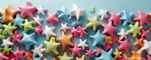 Poster - A seamless 3D geometric pattern of interlocking stars in vibrant colors, offering a playful and dynamic look with significant copy space on the bottom