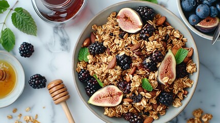 Overhead shot of a bowl filled with homemade granola, figs, blackberries, and a jar of honey on a white surface.