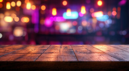 Poster - Empty wooden table top showing blurred restaurant or bar background with colorful bokeh lights