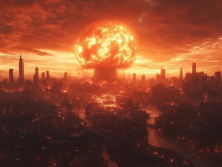 apocalyptic cityscape engulfed by colossal mushroom cloud buildings crumbling eerie orange glow cast
