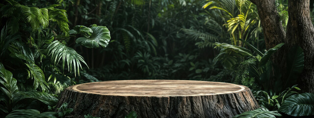 Aufkleber - Empty round wooden platform podium on a tree trunk with tropical leaves is a perfect background for your product placement