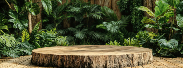 Poster - Empty round wooden platform podium with tropical green leaves, ideal for showcasing products