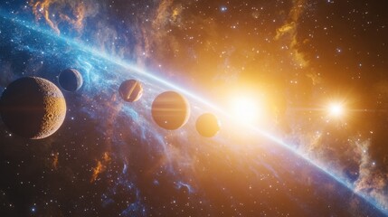 Planets and Stars in Space, Glowing Nebulae and Bright Sun in Galaxy