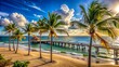 © Adisorn - Sunny day at Fort Lauderdale Beach, palm trees sway in the breeze alongside the picturesque pier, calm ocean waves crash on the shore.