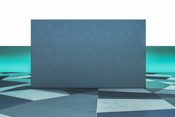 Poster - Clean white and blue geometric gallery interior with mock up place on wall. Exhibition and art concept. 3D Rendering.