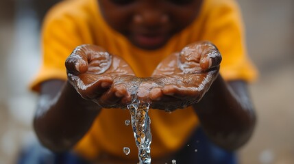 close-up image of a child cupping fresh water in their hands, symbolizing water access, purity, and 