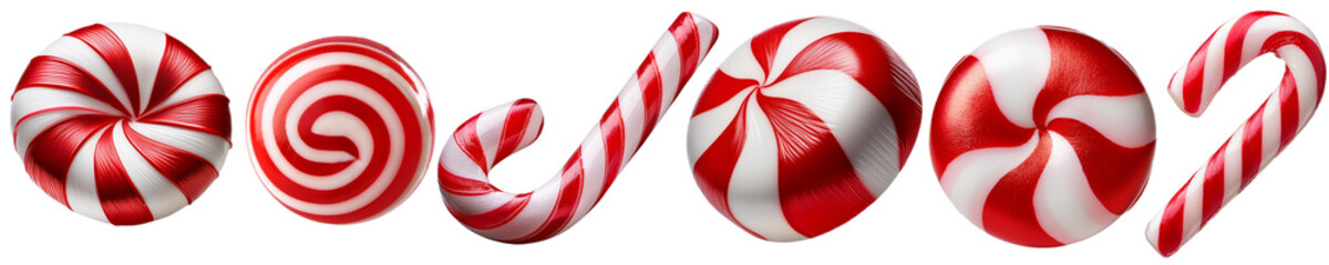 a collection of striped red and white candy canes and round peppermints cut out transparent isolated