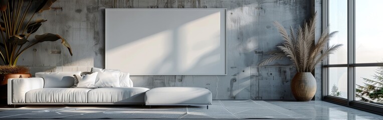 A modern interior design mockup showcasing a gray sofa in a room with a large canvas and a window overlooking a forest