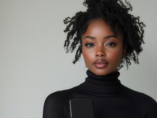 elegant portrait stunning young black woman in chic attire holding sleek smartphone clean white backdrop highlights her beauty and confidence studio lighting enhances features