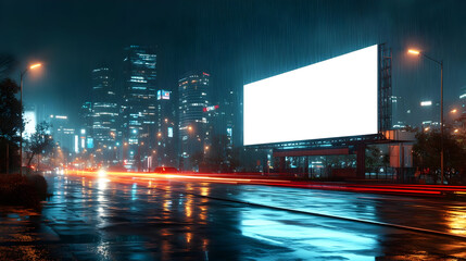 Poster - A rainy urban scene featuring a large blank billboard.