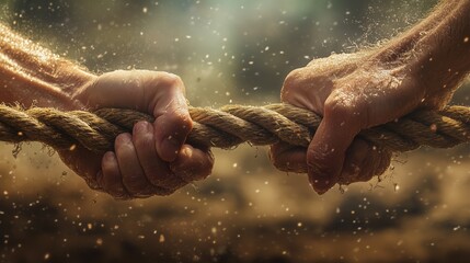 Close-up of two hands gripping a rope in a powerful tug of war, focusing on strength and determination.