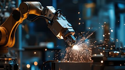 Poster - An industrial robot arm swiftly moves, welding components with accuracy and speed, representing innovation in manufacturing